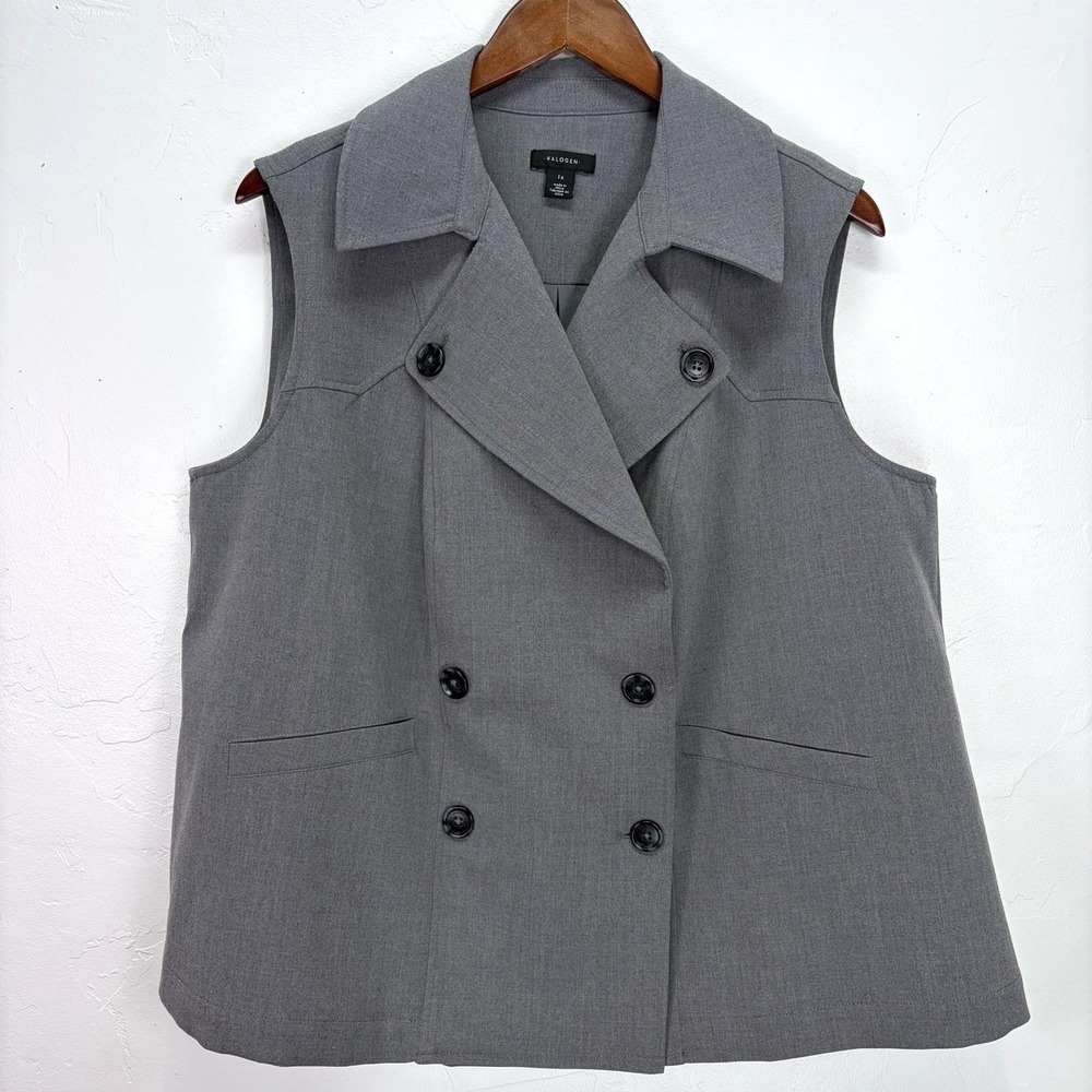 Halogen Double Breasted Woman's Trench Vest‎ Size 1X Gray Classy Classic Staple